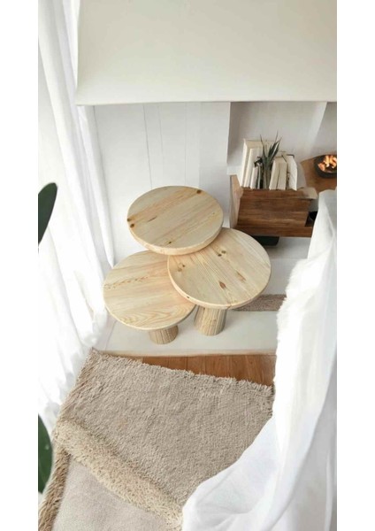 Dekoratif Ahşap Mantar Sehpa 3’lü Set – Masif Doğal Naturel Renk Fiskos ve Zigon fiyatları