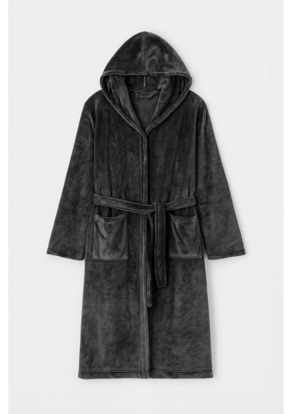 Kadın Kapüşonlu Yumuşak Kadife Dokulu Sabahlık