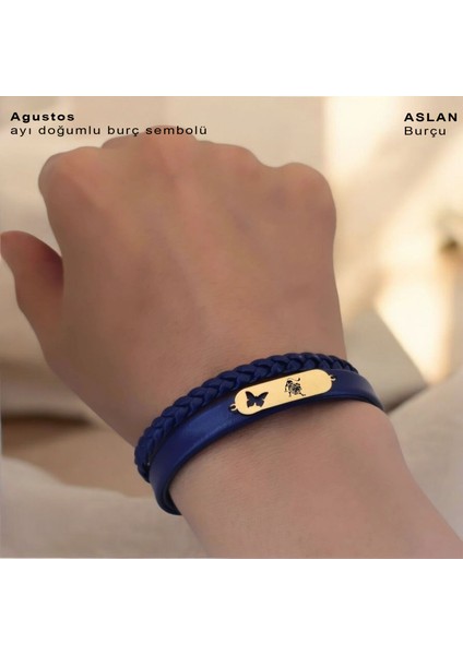 14 Ayar Altın Plakalı Aslan Burçları Için Lacivert Derili Kelebek Motifli Hediye BILEKLIK-616BURÇ