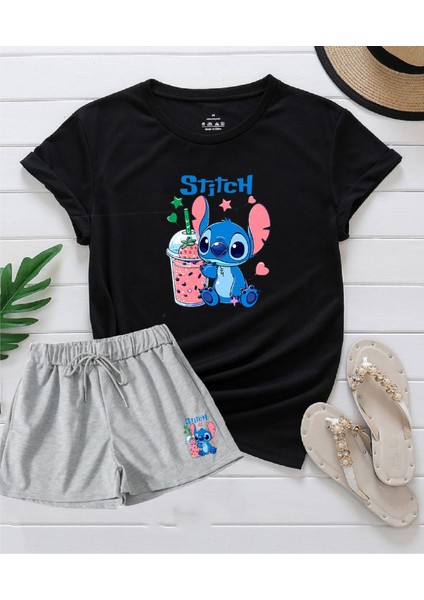 2'li Set Düz Renk Kadın Regular Şort ve Tshirt Tişört Lilo
