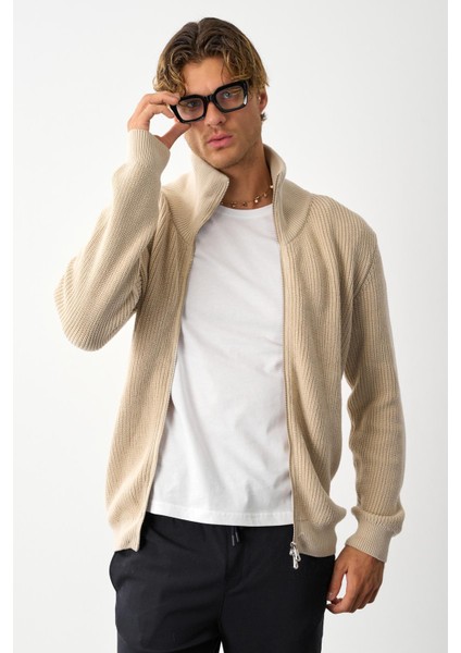 Erkek Regular Fit Selanik Örgü Pamuklu Fermuarlı Taş Triko Hırka