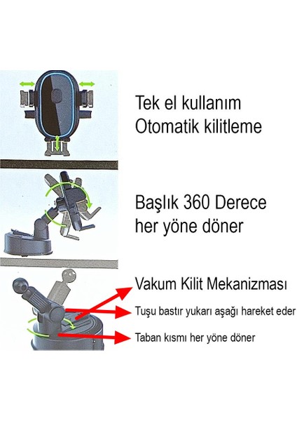 GA72 Araç Telefon Tutucu Büyük Vakumlu Tek El Kullanım Otomatik Kilitleme modelleri