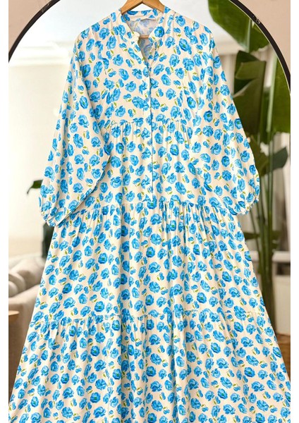 Mavi Çiçekli Düğme Detaylı V Yaka Elbise
