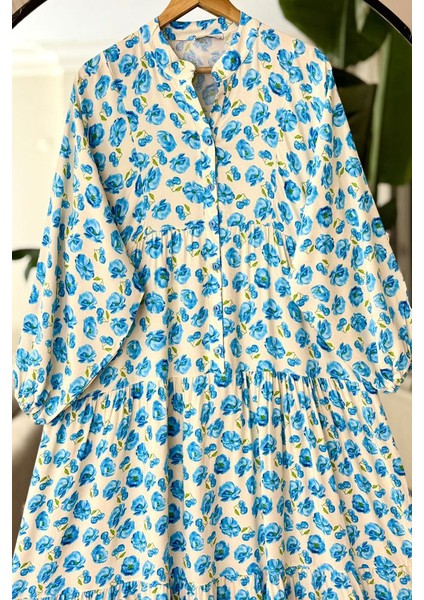 Mavi Çiçekli Düğme Detaylı V Yaka Elbise fiyatları