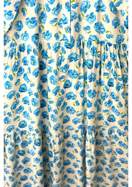 Mavi Çiçekli Düğme Detaylı V Yaka Elbise modelleri