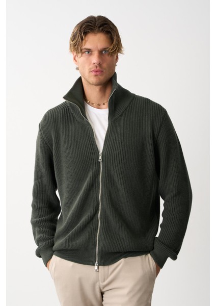 Erkek Regular Fit Selanik Örgü Pamuklu Fermuarlı Haki Triko Hırka