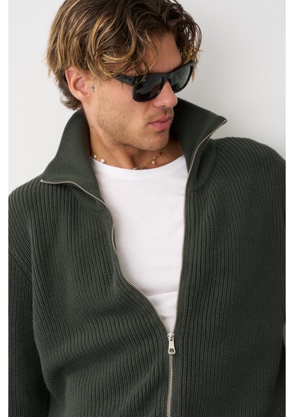 Erkek Regular Fit Selanik Örgü Pamuklu Fermuarlı Haki Triko Hırka modelleri