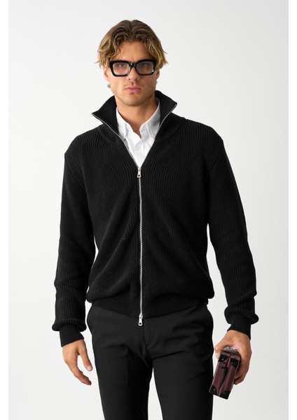 Erkek Regular Fit Selanik Örgü Pamuklu Fermuarlı Siyah Triko Hırka