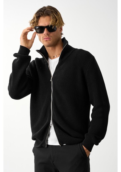 Erkek Regular Fit Selanik Örgü Pamuklu Fermuarlı Siyah Triko Hırka fiyatları