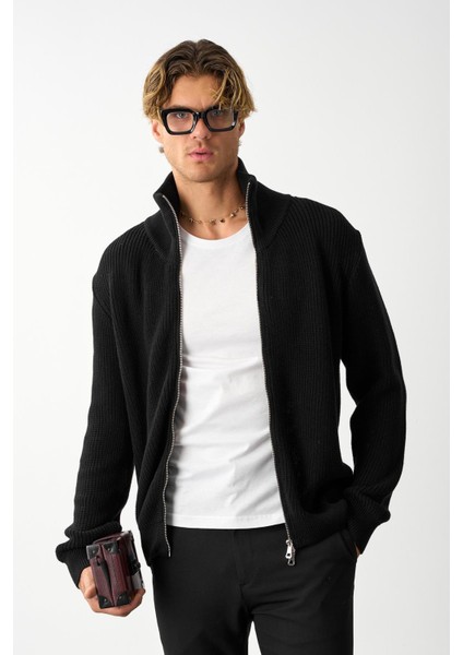 Erkek Regular Fit Selanik Örgü Pamuklu Fermuarlı Siyah Triko Hırka modelleri