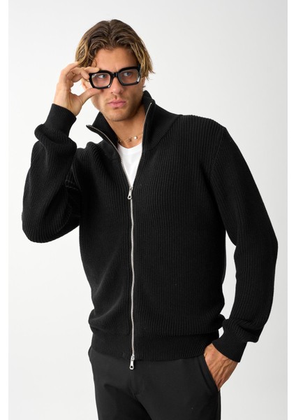 Erkek Regular Fit Selanik Örgü Pamuklu Fermuarlı Siyah Triko Hırka fırsatları