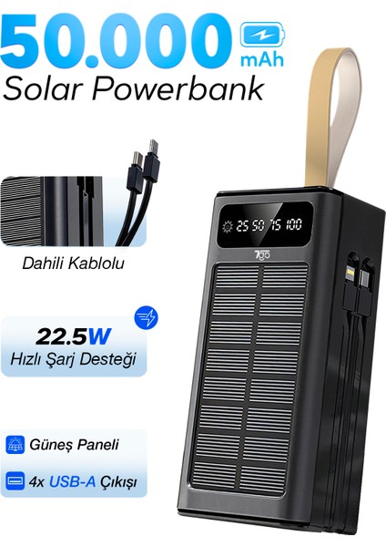 Gpw-01 50.000 Mah Solar Powerbank – 22.5 W Hızlı Şarj, Dahili Kablolu, LED Ekranlı Taşınabilir Şarj Cihazı