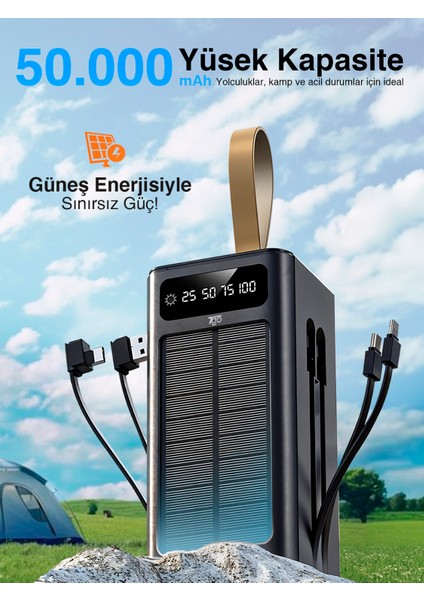 Gpw-01 50.000 Mah Solar Powerbank – 22.5 W Hızlı Şarj, Dahili Kablolu, LED Ekranlı Taşınabilir Şarj Cihazı modelleri