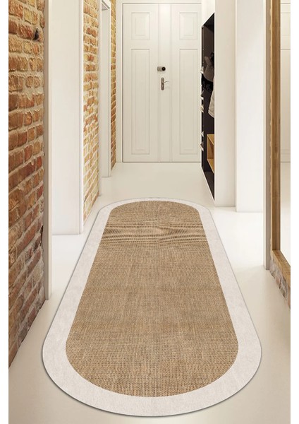 Dijital Kaymaz Yıkanabilir Bej Salon Halısı Mutfak Halısı Koridor Halısı Oval Halı YOLLUK-DC-7024OVAL