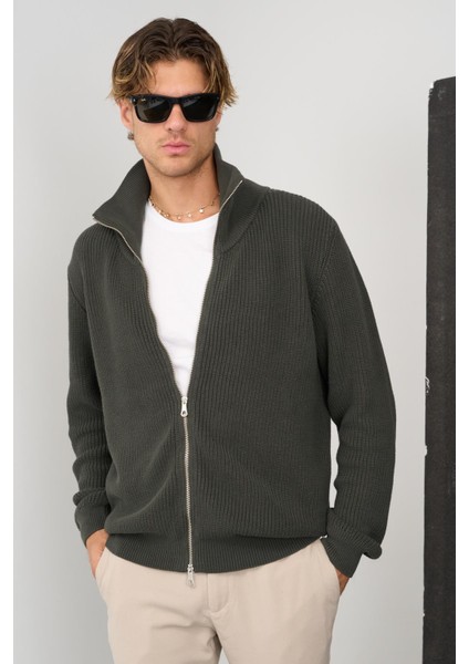 Erkek Regular Fit Selanik Örgü Pamuklu Fermuarlı Haki Triko Hırka fiyatları