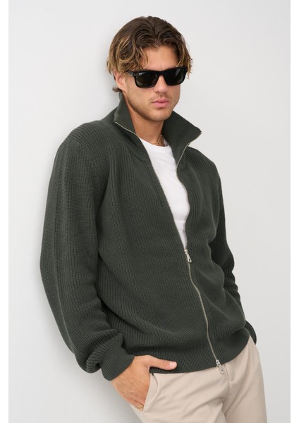 Erkek Regular Fit Selanik Örgü Pamuklu Fermuarlı Haki Triko Hırka indirimleri