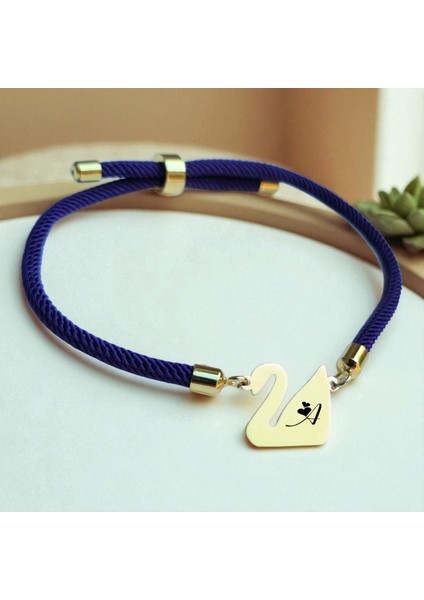 A Harfine Özel Lacivert Örgülü Kuğu Kuşu Figürlü 14 Ayar Altın Plakalı Hediye fiyatları