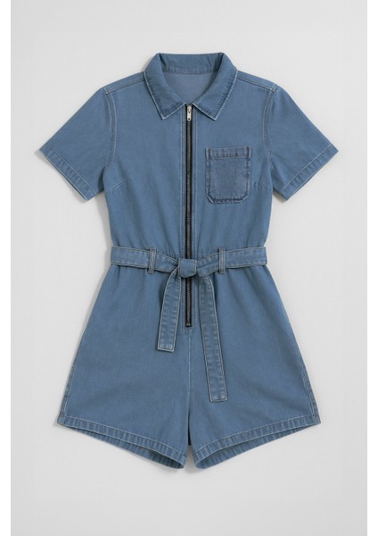 Kadın Kısa Kollu Fermuarlı Jean Tulum Şort