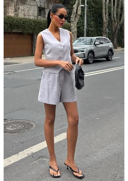 Yelek Şort Flamlı Keten Takım 10133-17