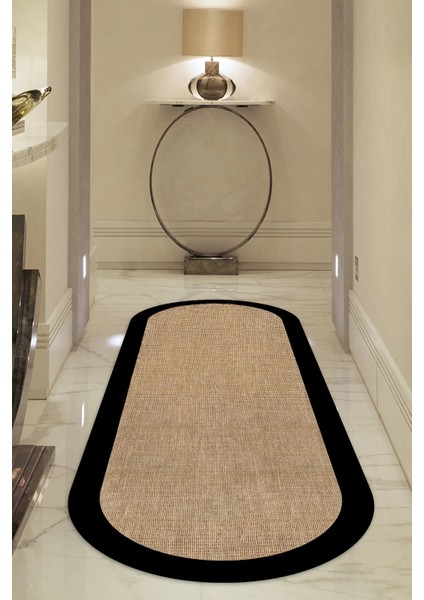 Dijital Kaymaz Yıkanabilir Siyah Jüt Görünümlü Oval Salon Halısı Mutfak Halısı Koridor Halısı YOLLUK-DC-7027OVAL
