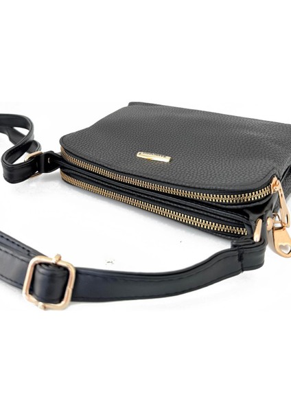 Kadın Suni Deri Ayarlanabilir Çapraz Askılı Metal Fermuarlı Kadın Çantası Siyah fırsatları