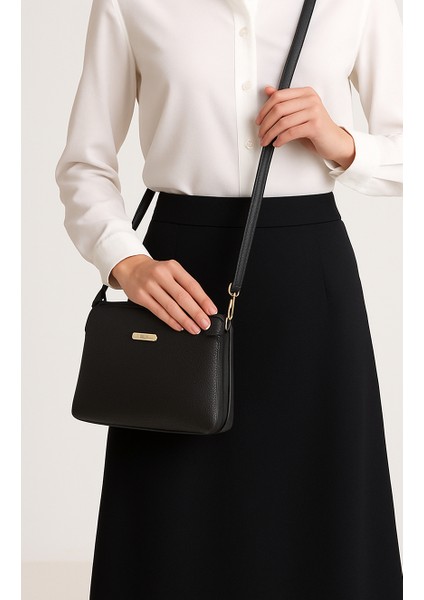 Kadın Suni Deri Ayarlanabilir Çapraz Askılı Metal Fermuarlı Kadın Çantası Siyah indirimleri