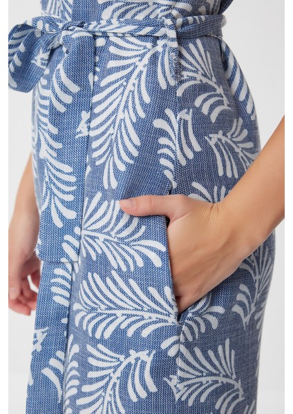 Desenli Kuşaklı Yazlık Örme Tulum LFF0038 Indigo Mavi