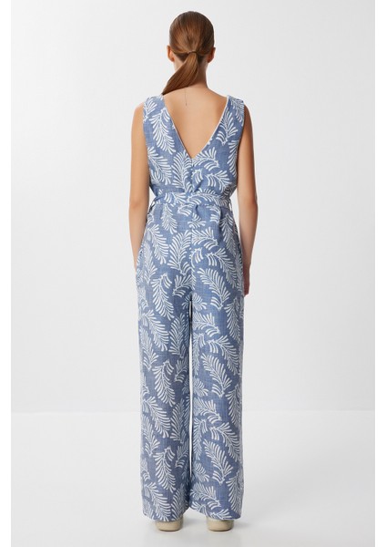 Desenli Kuşaklı Yazlık Örme Tulum LFF0038 Indigo Mavi