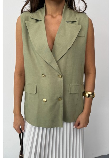 Gold Düğmeli Keten Yelek - Yeşil modelleri