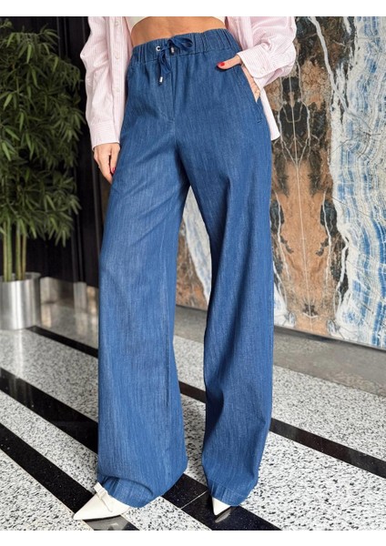Kadın Yüksek Bel Lastikli Bol Paça Mavi Pantolon