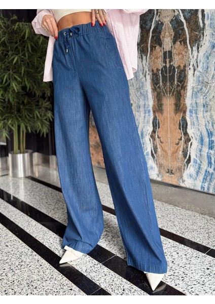 Kadın Yüksek Bel Lastikli Bol Paça Mavi Pantolon fırsatları
