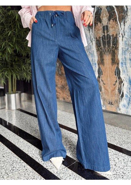Kadın Yüksek Bel Lastikli Bol Paça Mavi Pantolon indirimleri