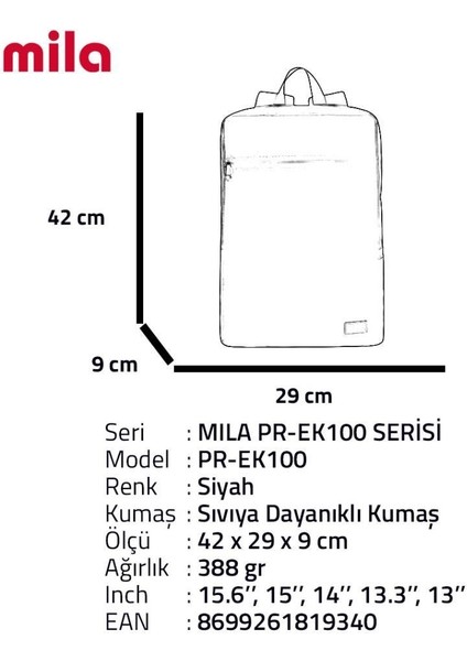 Mila PR-EK100 15,6' Su Geçirmez Kumaş Fermuar Okul Sırt Çantası modelleri