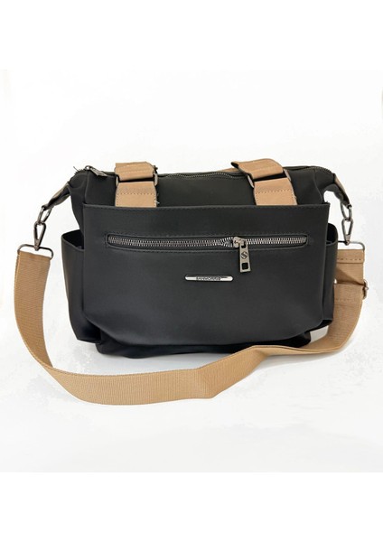 Kadın Suni Deri Ayarlanabilir Çapraz Askılı Çok Bölmeli Metal Fermuarlı Kadın Çantası Siyah