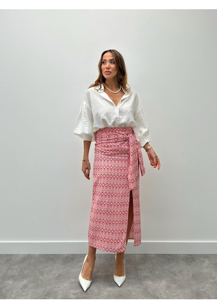 Kadın Etnik Desen Fermuarlı Tasarım Bağlamalı Kırmızı Etek