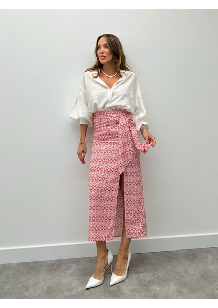 Kadın Etnik Desen Fermuarlı Tasarım Bağlamalı Kırmızı Etek modelleri