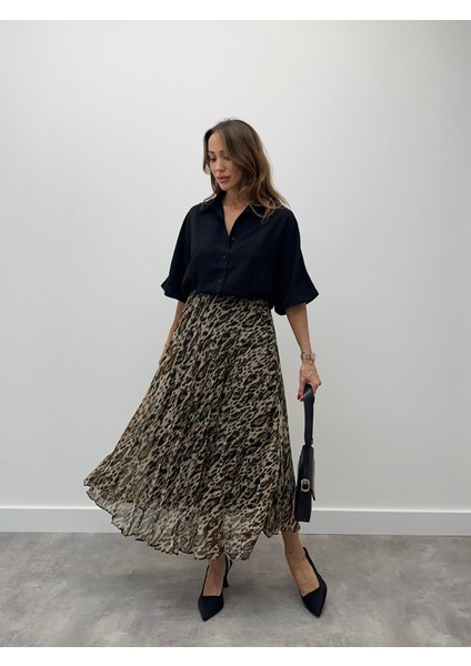 Kadın Beli Lastikli Şifon Pliseli Kahverengi Leopar Etek modelleri