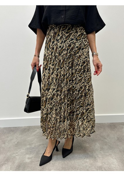 Kadın Beli Lastikli Şifon Pliseli Kahverengi Leopar Etek fırsatları