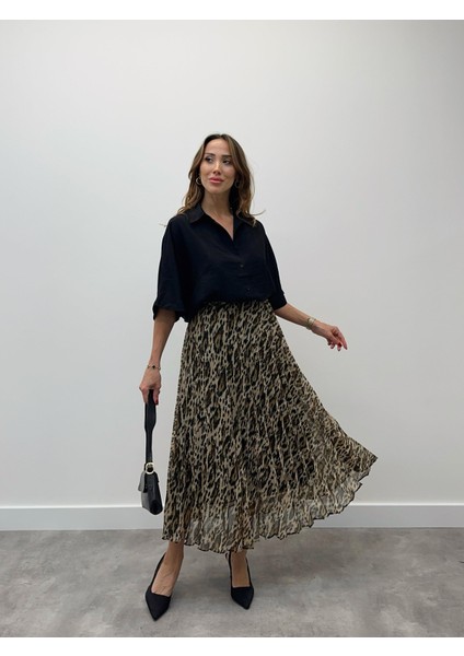 Kadın Beli Lastikli Şifon Pliseli Kahverengi Leopar Etek indirimleri