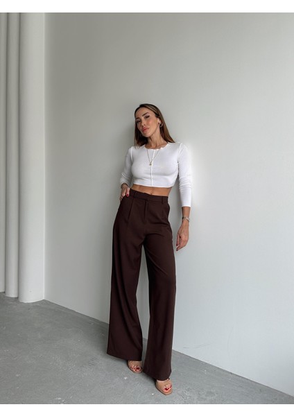 Kadın Tokalı Yüksek Bel Kahverengi Palazzo Pantolon