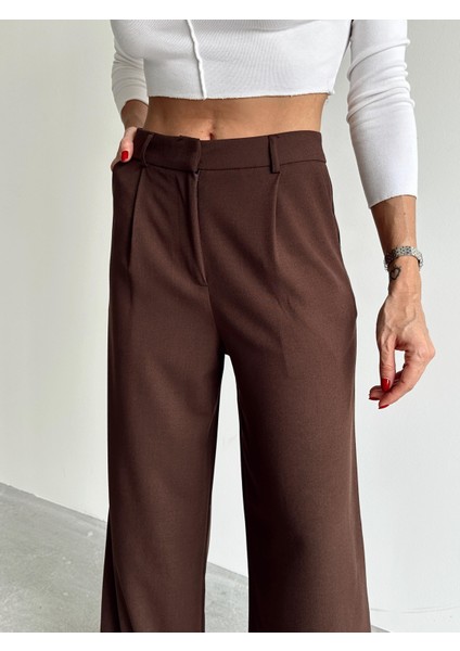 Kadın Tokalı Yüksek Bel Kahverengi Palazzo Pantolon fırsatları