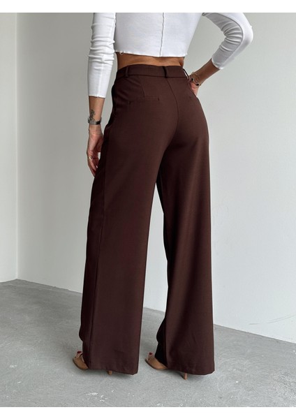 Kadın Tokalı Yüksek Bel Kahverengi Palazzo Pantolon indirimleri