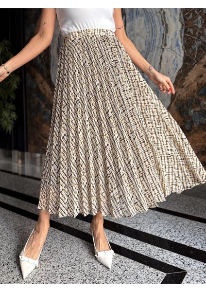 Kadın Beli Lastikli Şifon Pliseli Yeşil Etek