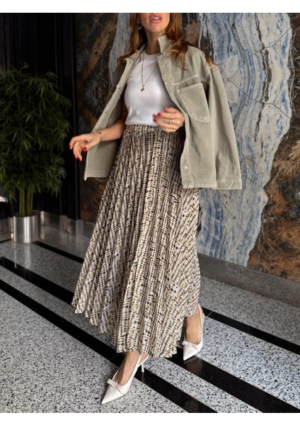 Kadın Beli Lastikli Şifon Pliseli Yeşil Etek modelleri