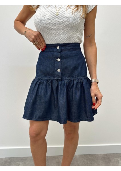 Kadın Volanlı Kısa Mavi Denim Kot Etek fiyatları