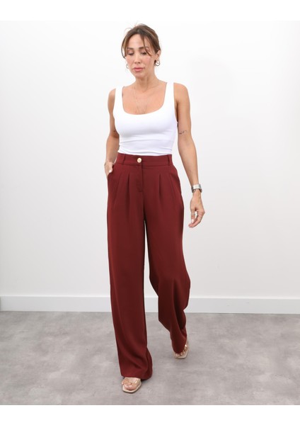 Kadın Yüksel Bel Arkası Lastikli Pileli Palazzo Bordo Pantolon