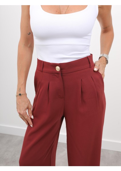 Kadın Yüksel Bel Arkası Lastikli Pileli Palazzo Bordo Pantolon fiyatları