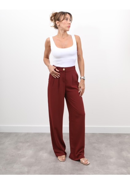 Kadın Yüksel Bel Arkası Lastikli Pileli Palazzo Bordo Pantolon modelleri
