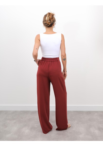 Kadın Yüksel Bel Arkası Lastikli Pileli Palazzo Bordo Pantolon fırsatları