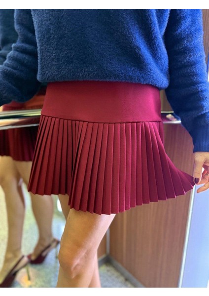 Kadın Pliseli Kısa Şık Trend Klasik Bordo Mini Etek